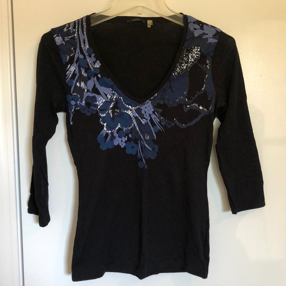 Tahari 3/4 sleeve black T-shirt, XS deep V-neck with blue & silver flower design